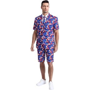 Men's 3-Piece American Flag Suits for 4th of July, Two Buttons Short Sleeve Blazer & Shorts & Tie & Bowtie