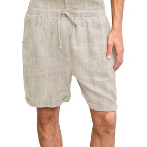 Amazhiyu Men's 100% Linen Summer Casual Elastic Drawstring Shorts with Pockets