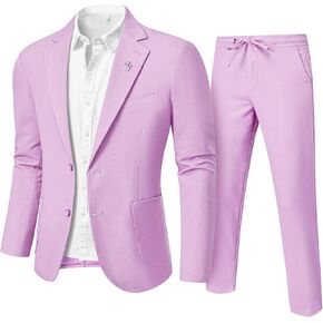 Men's Linen Suit 2 Pieces Regular Fit, Two Buttons Lightweight Jacket and Pants for Beach Wedding, Summer Prom