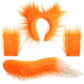 Fox Ears Headband, Tail and Paw Gloves Set- Faux Fur Fox Costume Accessory Set Orange