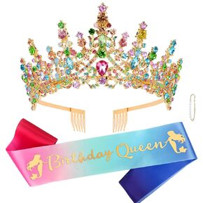 CURASA Silver Birthday Sash and Crown Set - Women & Girls Adult Crystal Tiaras for Princess Party Gifts