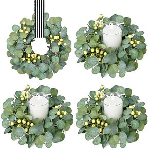 Waipfaru Eucalyptus Wreath, Candle Rings Wreaths with Buffalo Plaid Ribbon, Small Mini Greenery Wreath, Spring Summer Wreaths for Wedding Farmhouse Kitchen Cabinet Table Centerpieces Decor (2 Pcs)