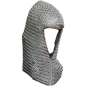 Chainmail Coif Aluminium V-Neck Design 10mm Butted Silver Rings Mail Gothic Hood Hood Fantasy Armor Medieval Cosplay Cosplay Complay Reenction Armor Armor Complea يمكن ارتداؤه للجنسين.