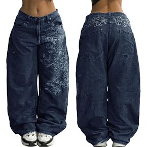 EMMIOL Women Hip Hop Baggy Jeans Wide Leg Mid-Low Waist Jeans Loose Boyfriends Jeans 90s Vintage Denim Pants