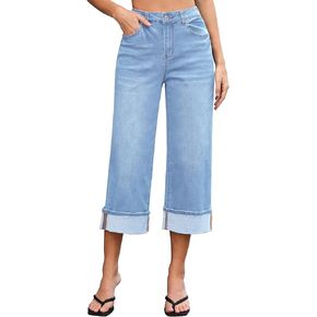 Vetinee Capris Jeans for Women Wide Leg High Waisted Trendy Fold Hem Summer Casual Stretchy Denim Jean Capri Pants