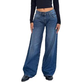 Women's Low Rise Baggy Jeans Washed Straight Wide Leg Denim Pants Casual Loose Boyfriend Jean Streewear Trousers