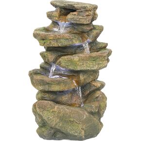 Alpine Corporation TZL402 20" Multi-Level Rock Fountain with LED Lights, Elegant Outdoor Water Feature for Garden, Patio, Yard & Outdoor Spaces, Cascading Waterfall Design, Brown