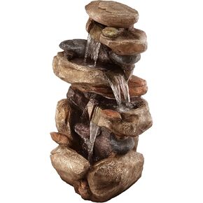 Alpine Corporation WIN315 Outdoor Tiered Rock Floor Fountain with Color Changing LED and Remote with Cascading Streams for Garden, Patio, Yard, Deck, and Porch, 40 Inches Tall, Brown