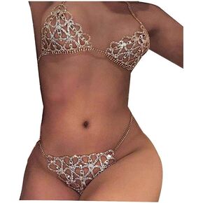 Eyraevor Sparkly Rhinstone Underwear Set Crystal G-String Thong Shinny Panties and Bra Top for Women Sexy Body Chain