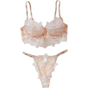 SHENHE Women's 2 Piece Sheer Bra and Panty Set Floral Embroidered Underwire Mesh Lingerie