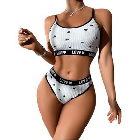 Floerns Women's 2 Piece Heart Print Wireless Bra and Low Waist Panty Lingerie Set