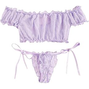 Bra and Panty Set Ruffle Lingerie Mesh Purple Women's Self Tie Ruffle Trim Dobby Mesh - Sexy Underwire Cute Push Up Strappy Embroidered Sheer Lingerie Set