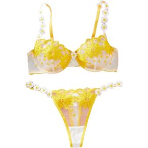 SHENHE Women's 2 Piece Lingerie Flower Appliques Embroidered Sheer Bra and Panty Set