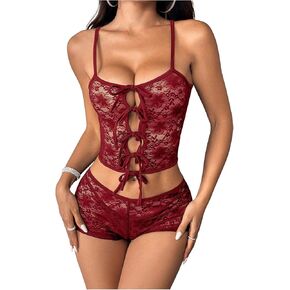 SOLY HUX Women's Lace Lingerie 2 Piece Tie Up See Through Camisole Boyshort Underwear Set