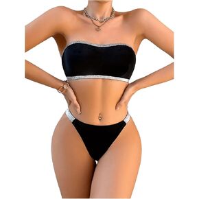 SOLY HUX Women's Lingerie Set Glitter Strapless Bandeau Bra and Thong Panty Sets