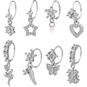 8 Pcs Dangle Nose Rings Hoop for Women,Gold Hoop Nose Rings