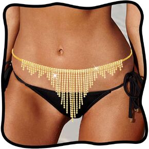 Urieo Tassel Rhinestone Chain Belly Cryins Belly Cains Sexy Sexy Thongs Bikini Beach Body Chain Jewelry for Women