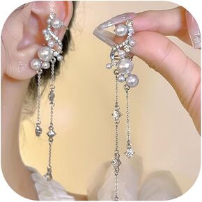 Fashionable Lightweight Fake Pearl Ear Cuff Earrings with Long Tassel Dangle Non - Piercing Clip - On Women's Elegant Party Jewelry Gift