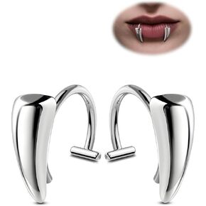 OUFER 2PCS Fake Lip Rings, Vampire Fangs Lip Cuff Piercing Jewelry Hoops, Adjustable Faux Non-Piercing Labret Piercing Jewelry For Women Men-Silver/Black