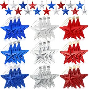 Wenqik 60 Pcs Independence Day Stars Ornaments 4th of July Decoration Red Blue Silver Star Shaped Hanging Ornaments for Memorial Day Tree Patriotic Veteran Day Anniversary Party, 6 Styles