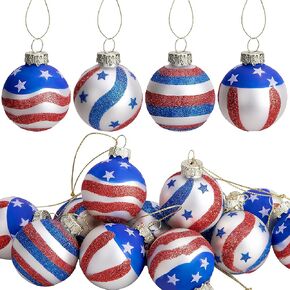 Americana 12pcs Memorial Day Glass Ornaments, 1.57 Inch Independence Day Hanging Glass Balls for July 4th, American Flag Tree Decorations