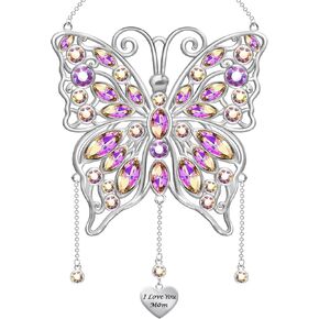 Mother's Day Butterfly Rhinestones Hanging Ornament Window Decor Butterfly Wind Chime Ornament for Mother's Day Birthday (Silver,Mom)