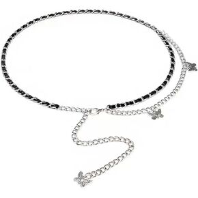 Women's Butterfly Charm Waist Chain Belt, Vintage Silver and Black Woven Design Cowgirl Metal Belt Plus Size Long for Dress Jeans Adjustable Length