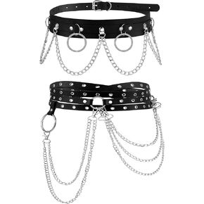 2 Pcs Black Leather Waist Chain Belt Womens Punk Waist Belly Chain Layered Goth Body Chain Nightclub Party Body Jewelry Accessories