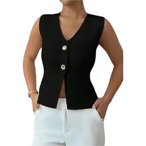 OYOANGLE Women's Button Down Sweater Vests V Neck Sleeveless Split Hem Casual Knitted Tank Tops
