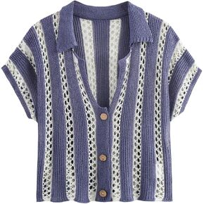 Keomud Women's Summer Cardigan Stripe Button أسفل الأكمام القصيرة التي تجاهلت قمم متماسكة من قمم المحاصيل