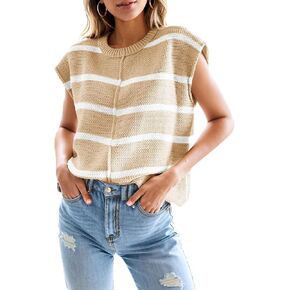Womens Tops Cap Sleeve Striped Knit Tank Top Loose Fit Sweater Vest 2025 Spring Summer Outfits Pullover Top