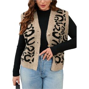 Verdusa Women's Plus Size Leopard Button Front Sweater Vest Sleeveless Knit Cardigans