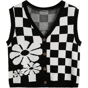 Verdusa Women's Checkered Cardigan Plaid Knit Sweater Vest Button Up V Neck Sleeveless Tops
