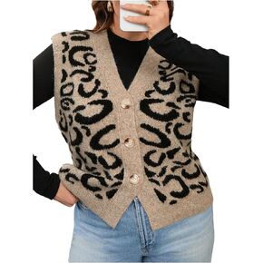 COZYEASE Women's Plus Size Leopard Button Down Sweater Vest V Neck Sleeveless Knit Cheetah Vests