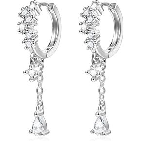 925 Sterling Silver Drop Dangle Earrings Cubic Zirconia Teardrop Hoop Dangle Earrings for Women 14K Goldplated Hypoallergenic Elegant Drop Water CZ Dangle Chain Huggie Earring Jewelry