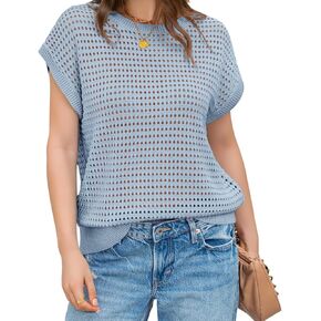 Blostirno Women's Crochet Knit Sweater Vest Hollow Out Crewneck Cap Short Sleeve Beach Cover Up Summer Shirt Tops