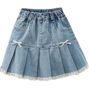 Girl's Y2k Pleated Denim Skirt Bow Knot Lace Trim Casual Elastic Waist A Line Jean Skirts