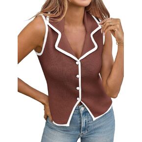 Saodimallsu Womens Sleeveless Sweater Vest Button Color Block Sexy V Neck Collared Summer Knit Tank Tops