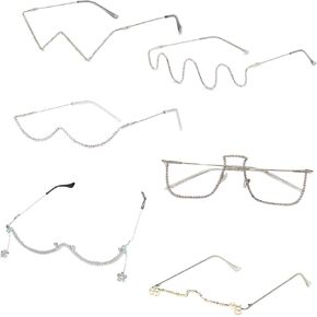 6 pcs No Lens Diamond Glasses Frame V shape Rhinestone Sunglasses Half Frame Crystal Metal Eyeglasses for Women Fashion Drop Lensless Chain Pendant Decoration