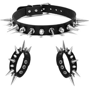 3 Pieces Punk Choker Jewelry Set,Spiked Leather Collar Necklace + Spike Rivets Bracelets Cool Punk Accessories for 80s 90s Women Men