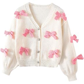 Girl's Bow Sweater Cardigan Button Up Cardigan V Neck Long Sleeve Sweaters Cute Knitted Sweater Outerwear