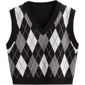 SweatyRocks Girl's Argyle Plaid Sweater Vest V Neck Sleeveless Preppy Knit Vest Tops