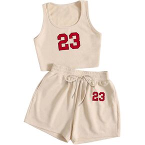 Floerns Women's Two Piece Outfit Number Print Crop Tank Top with Track Shorts Set