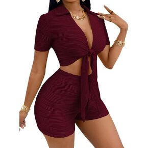 Women's 2 Piece Outfit V Neck Tie Front Short Sleeve Crop Top with High Waist Shorts Casual Athletic Workout Set DSD42
