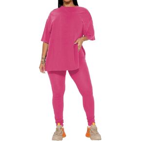 HBQ Women 2 Piece Outfits Summer Oversize Sweatsuits Drop Shoulder Split Hem Tracksuits Biker Short Workout Jogger Sets