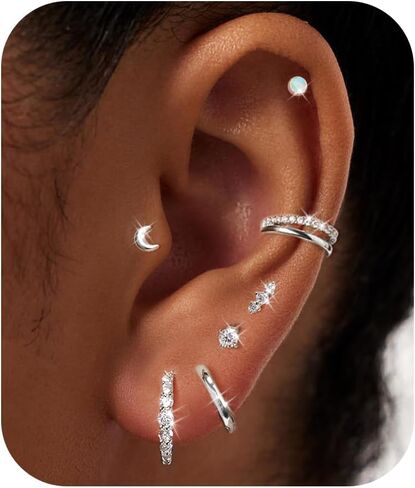 7 Pairs Gold Earrings Set for Women Trendy,Hypoallergenic Surgical Steel Flat Back Cartilage Earring Sets for Multiple Piercing,Lightweight Small Silver Gold Ear Cuff Huggie Hoop Stud Earrings Stacks in Saudi Arabia