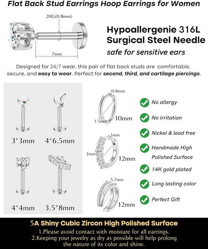7 Pairs Gold Earrings Set for Women Trendy,Hypoallergenic Surgical Steel Flat Back Cartilage Earring Sets for Multiple Piercing,Lightweight Small Silver Gold Ear Cuff Huggie Hoop Stud Earrings Stacks in Saudi Arabia