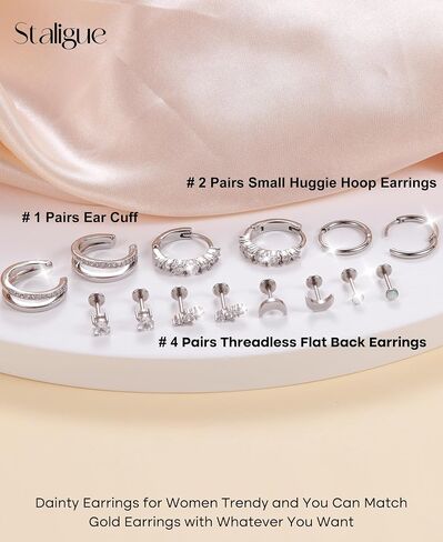 7 Pairs Gold Earrings Set for Women Trendy,Hypoallergenic Surgical Steel Flat Back Cartilage Earring Sets for Multiple Piercing,Lightweight Small Silver Gold Ear Cuff Huggie Hoop Stud Earrings Stacks in Saudi Arabia