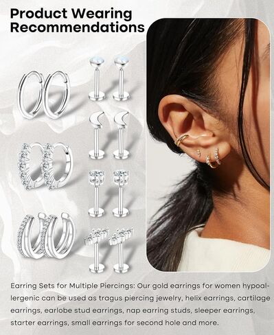 7 Pairs Gold Earrings Set for Women Trendy,Hypoallergenic Surgical Steel Flat Back Cartilage Earring Sets for Multiple Piercing,Lightweight Small Silver Gold Ear Cuff Huggie Hoop Stud Earrings Stacks in Saudi Arabia
