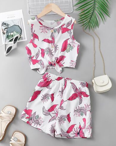 Girls Summer Outfits Cute Clothes for Kids Hawaiian Beach Sleeveless Floral Crop Top Shorts Tween Girl Clothing Set in Saudi Arabia